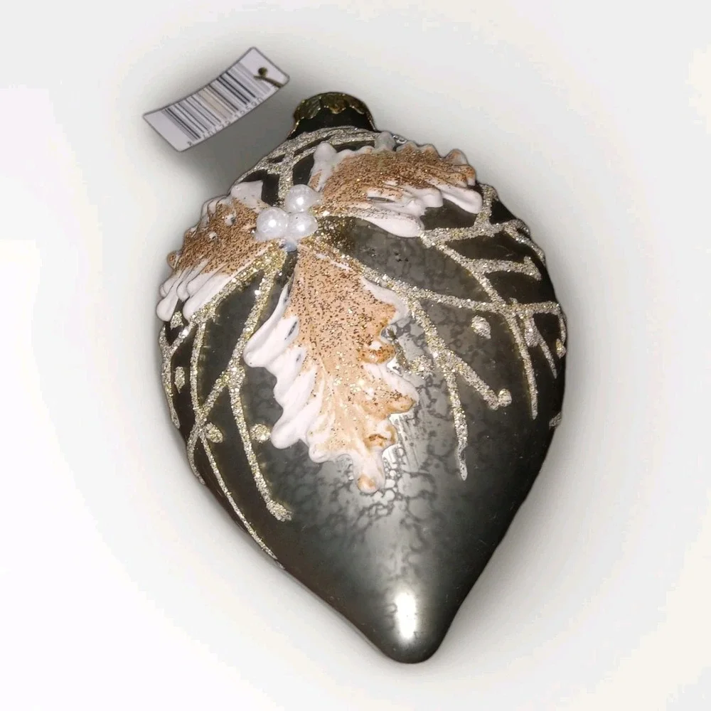 New Christmas Ornament‎ Glass Silver Antiqued Ivory Poinsettia 5.5 in